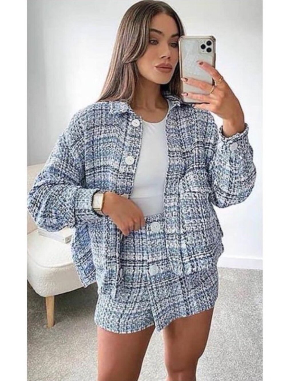ZARA Textured Weave Tweed Jacket XL Blue Navy White Italian Fabric NWOT